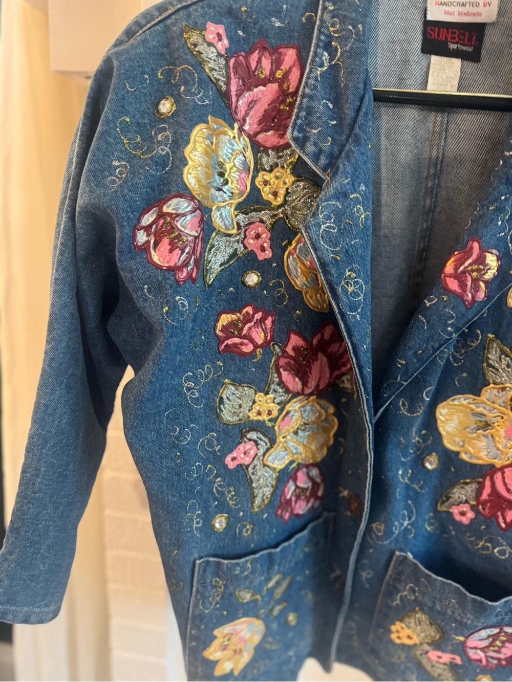 Vintage Sunbelt Custom Hand Puff Painted Floral Denim Jacket Wearable Art - Picture 3 of 17